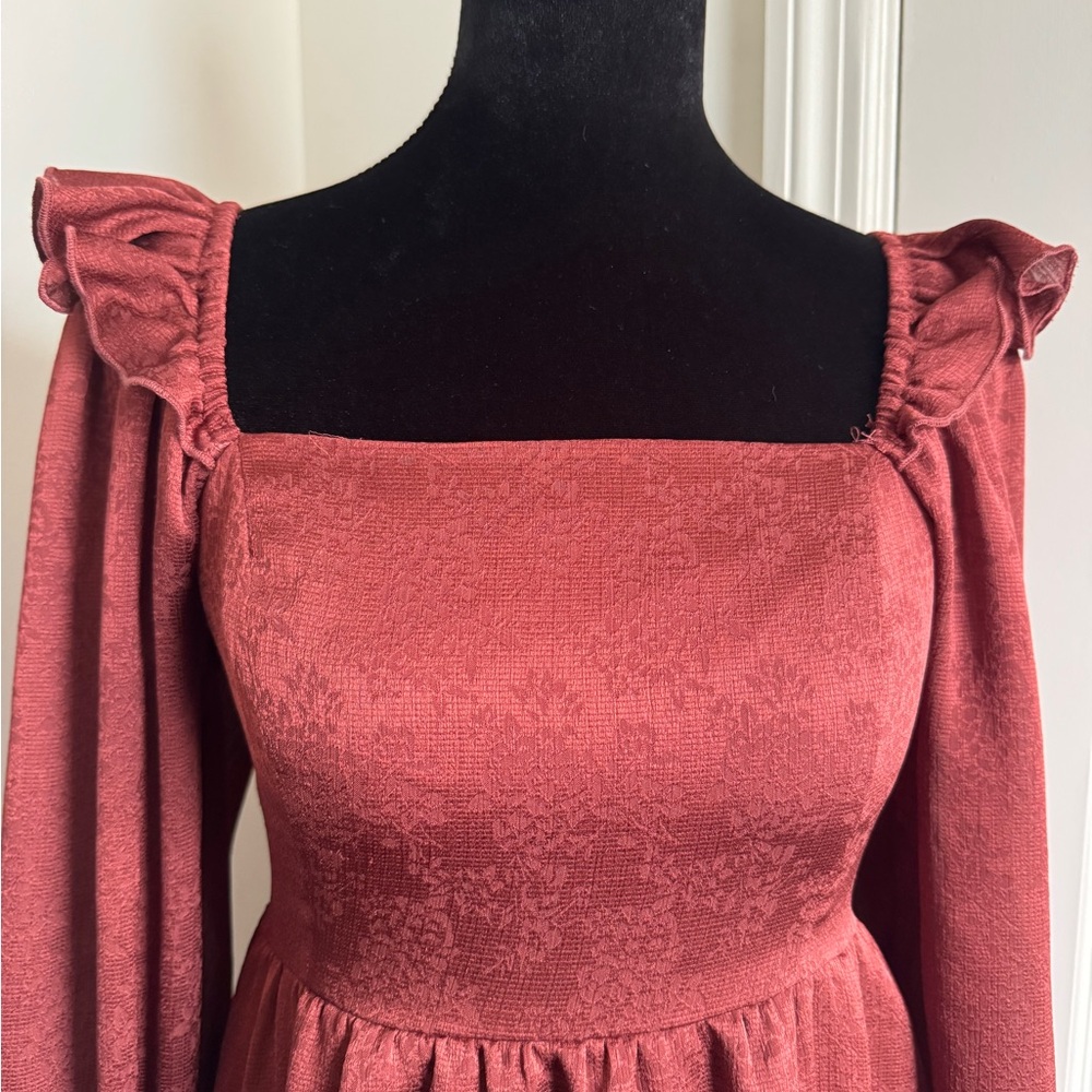 Altar'd State Jacquard Mini Dress Long Puff Sleeve Ruffle Square Neck Rust S